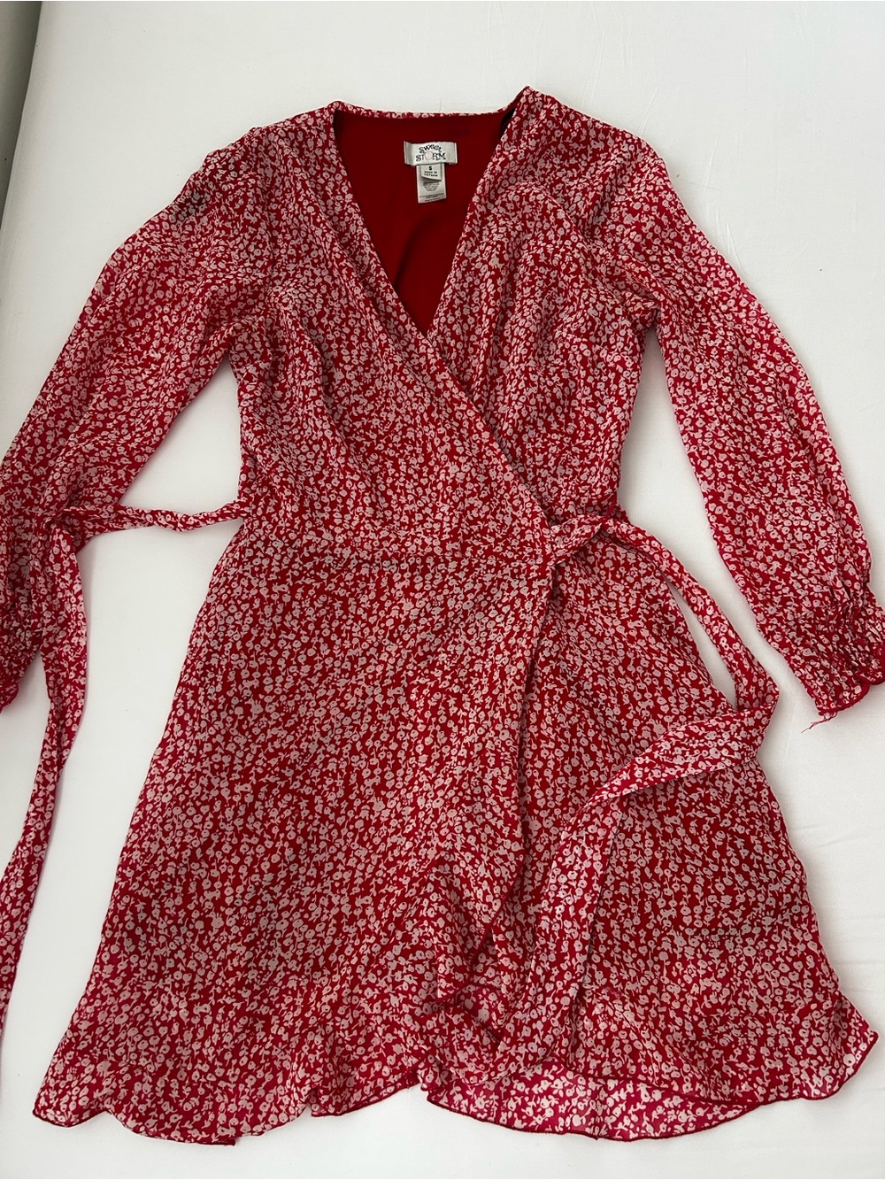 Sweet Storm Red Floral Wrap Dress with Long Sleeves